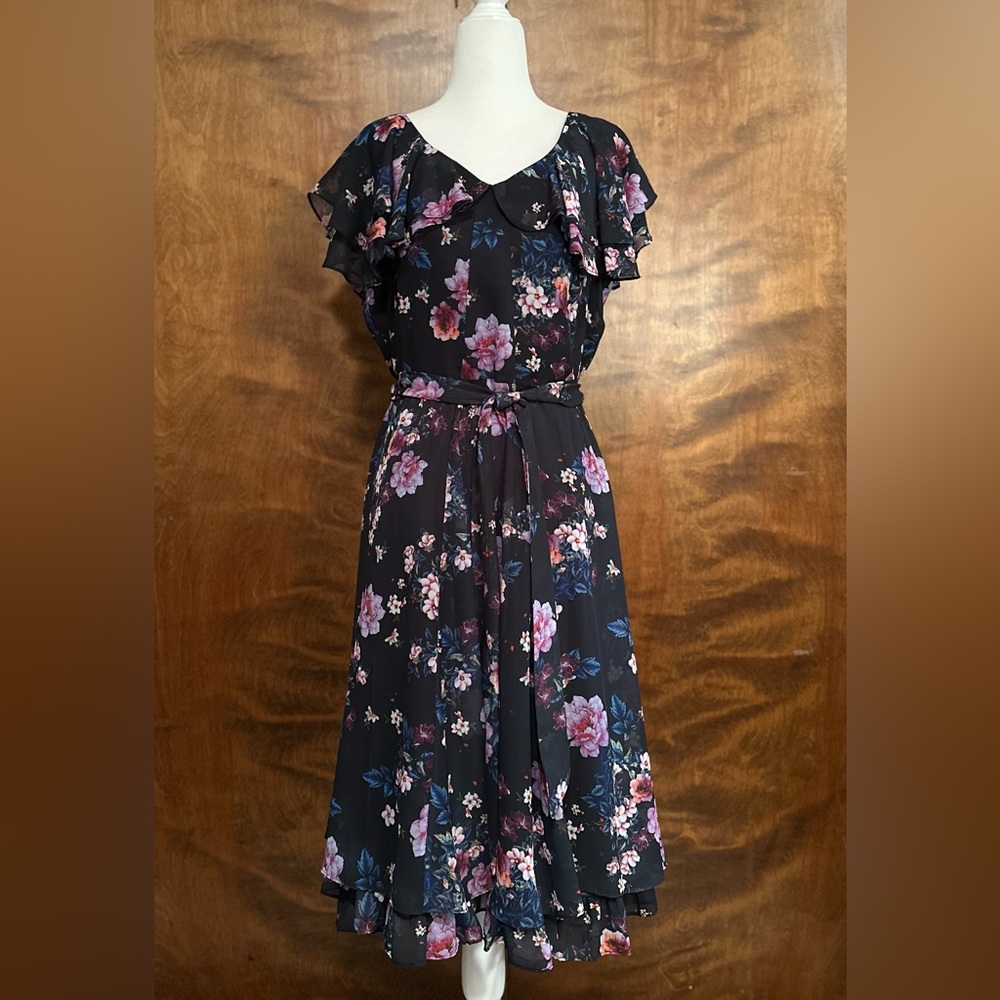 TAHARI ASL Flutter Sleeve Belted Ruffle Dress Womens 10 Navy Blue Floral Wedding